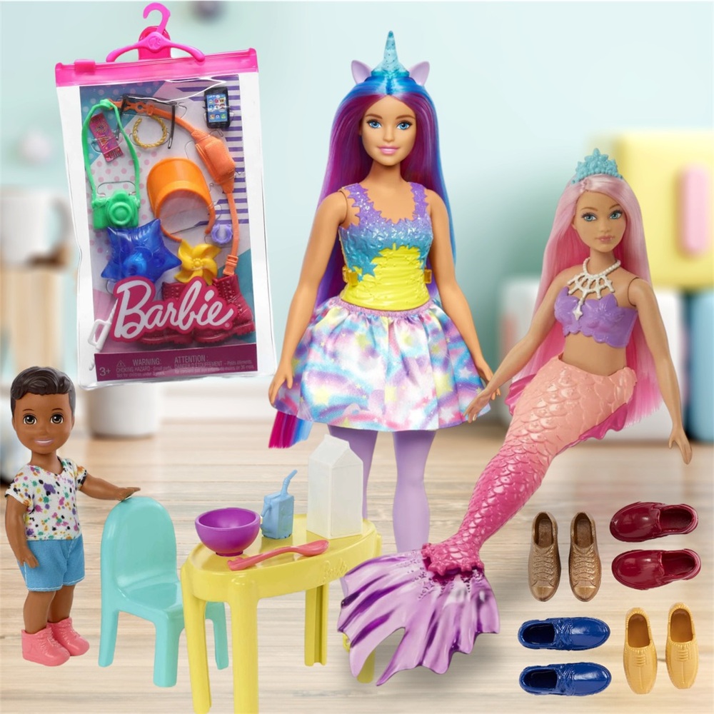 NEW Lot of Barbie Dolls & Accessories Dreamtopia Pink Hair Curvy Mermaid Doll!